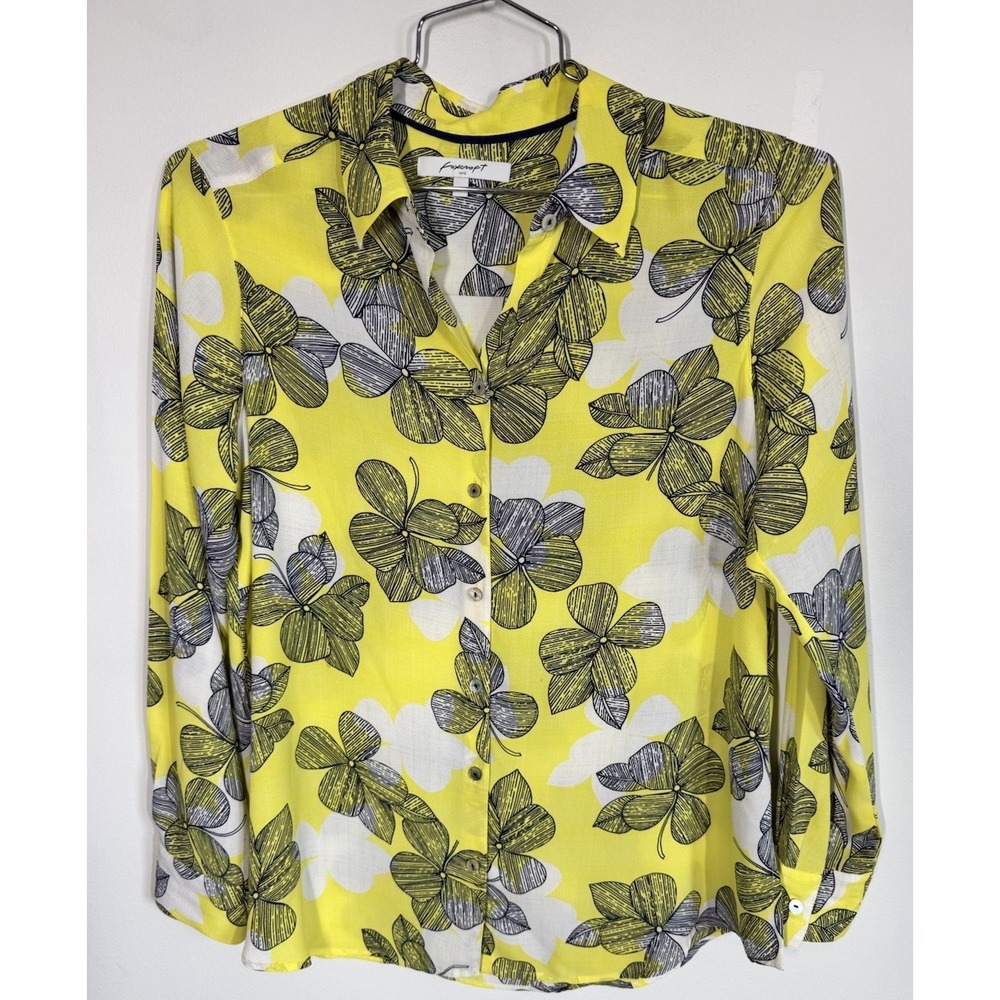Foxcroft Vibrant Yellow Silky Floral Long Sleeve Button Up Shirt Blouse Size‎ 8